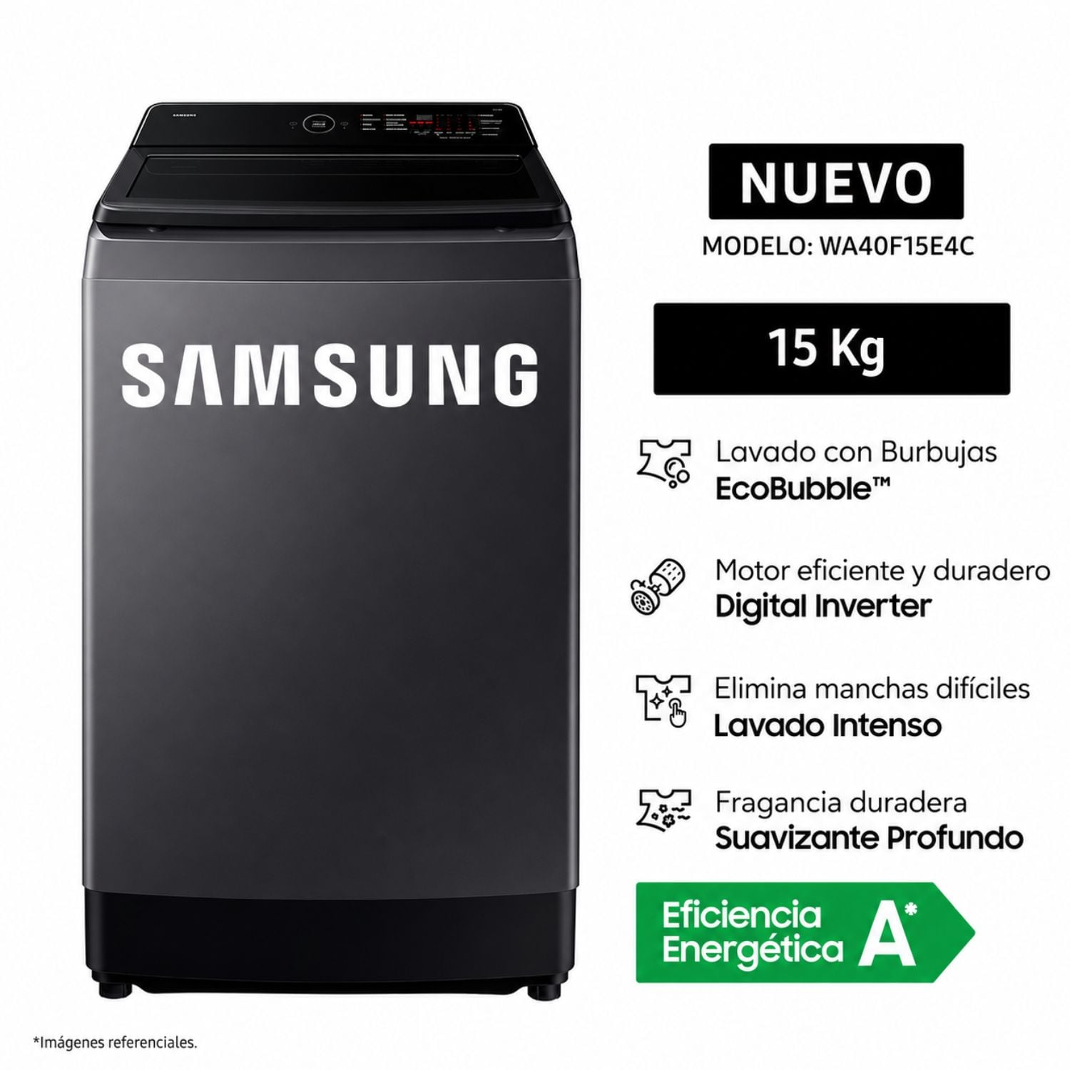 LAVADORA SAMSUNG 15 KG WA40F15E4C  ECOBUBBLE, DIGITAL INVERTER Y CARGA SUPERIOR - 1