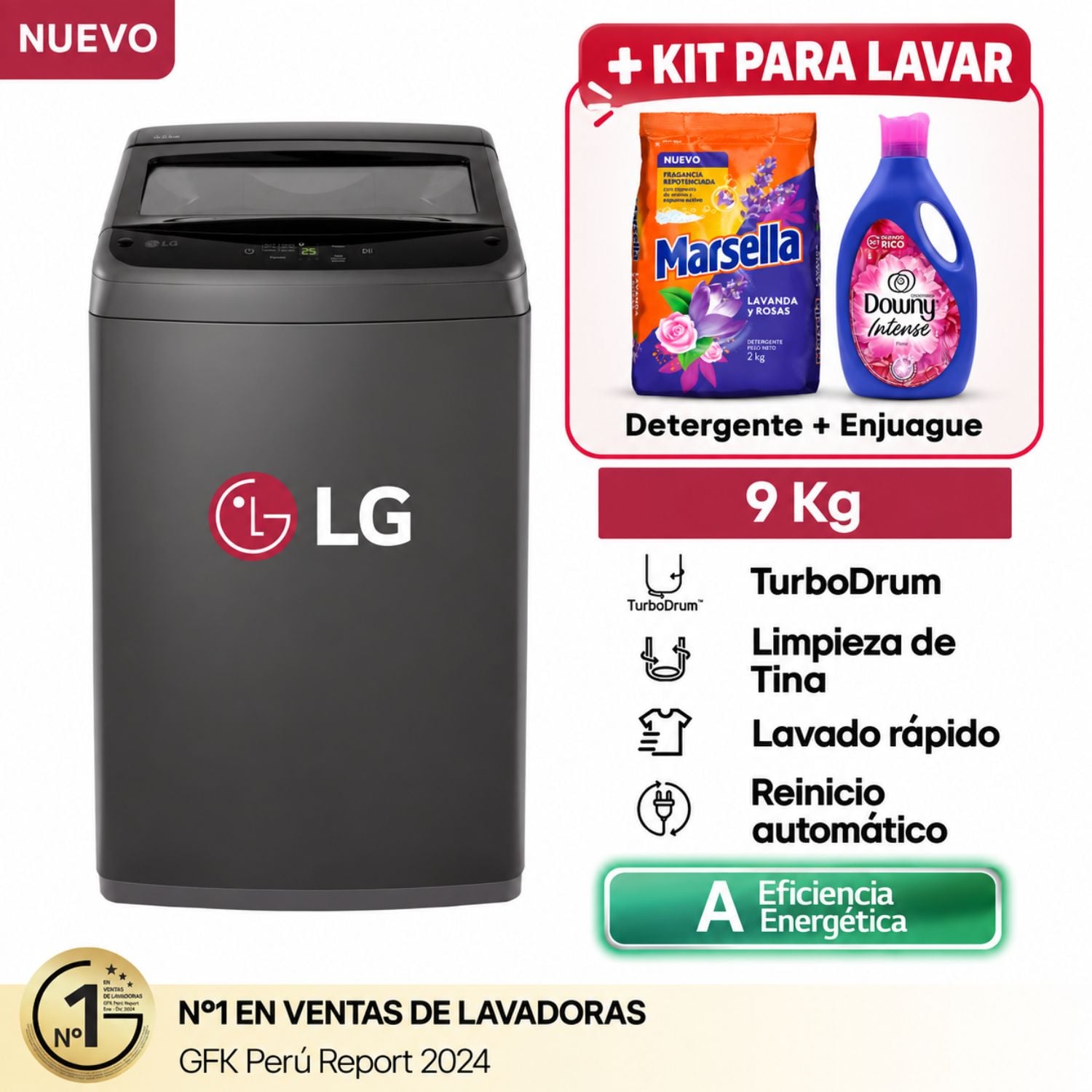 LAVADORA LG CARGA SUPERIOR 9 KG WT9BVTB NEGRO CLARO + KIT PARA LAVAR - 1