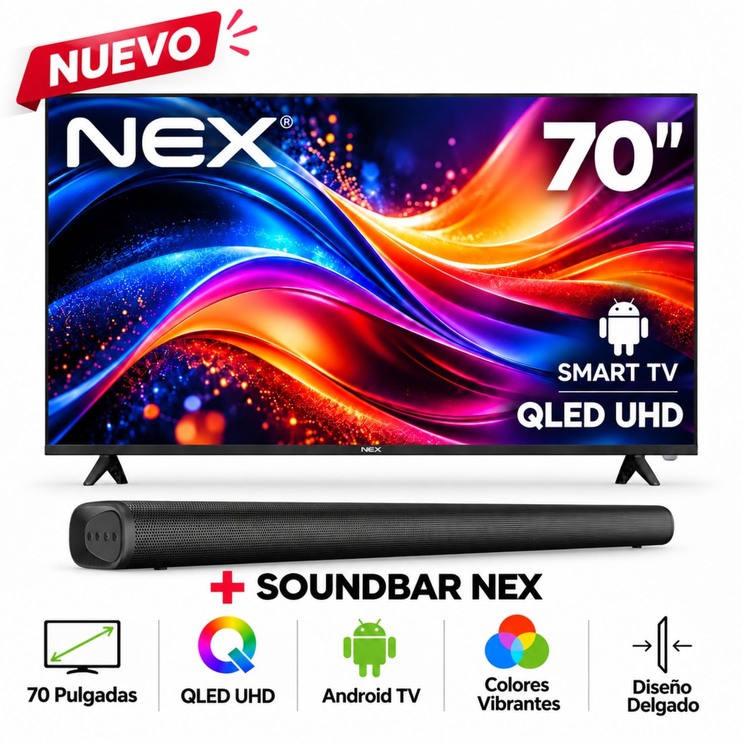TELEVISOR NEX QLED 70 4K ULTRA HD ANDROID TV TVQLED70S + SOUNDBAR NEX - 1