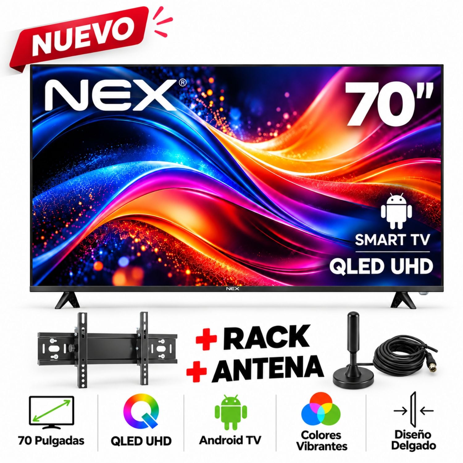 TELEVISOR NEX QLED 70 4K ULTRA HD ANDROID TV TVQLED70S + RACK Y ANTENA - 1