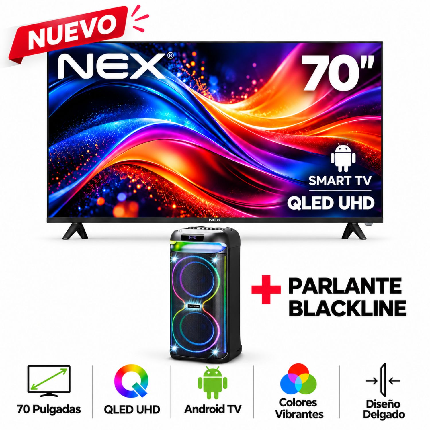 TELEVISOR NEX QLED 70 4K ULTRA HD ANDROID TV TVQLED70S + PARLANTE BLACKLINE - 1
