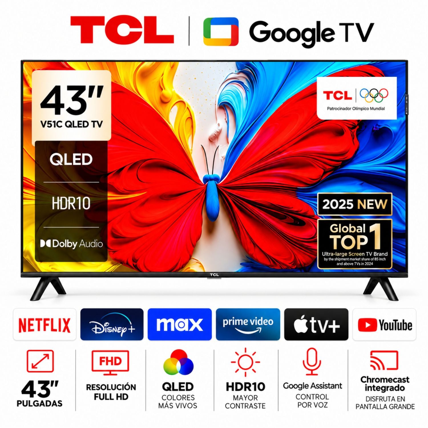 TELEVISOR TCL 43” QLED SMART TV FULL HD 43S5K CON GOOGLE TV - 1