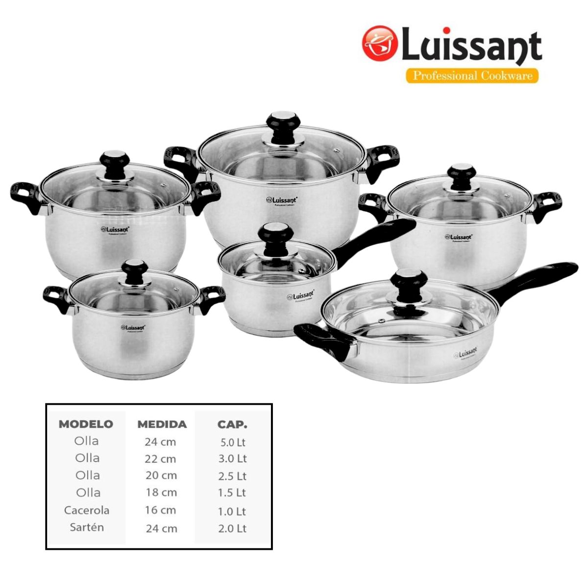 JUEGO DE OLLAS EN ACERO INOXIDABLE 12 PZAS LUISSANT LU-1205A - 2