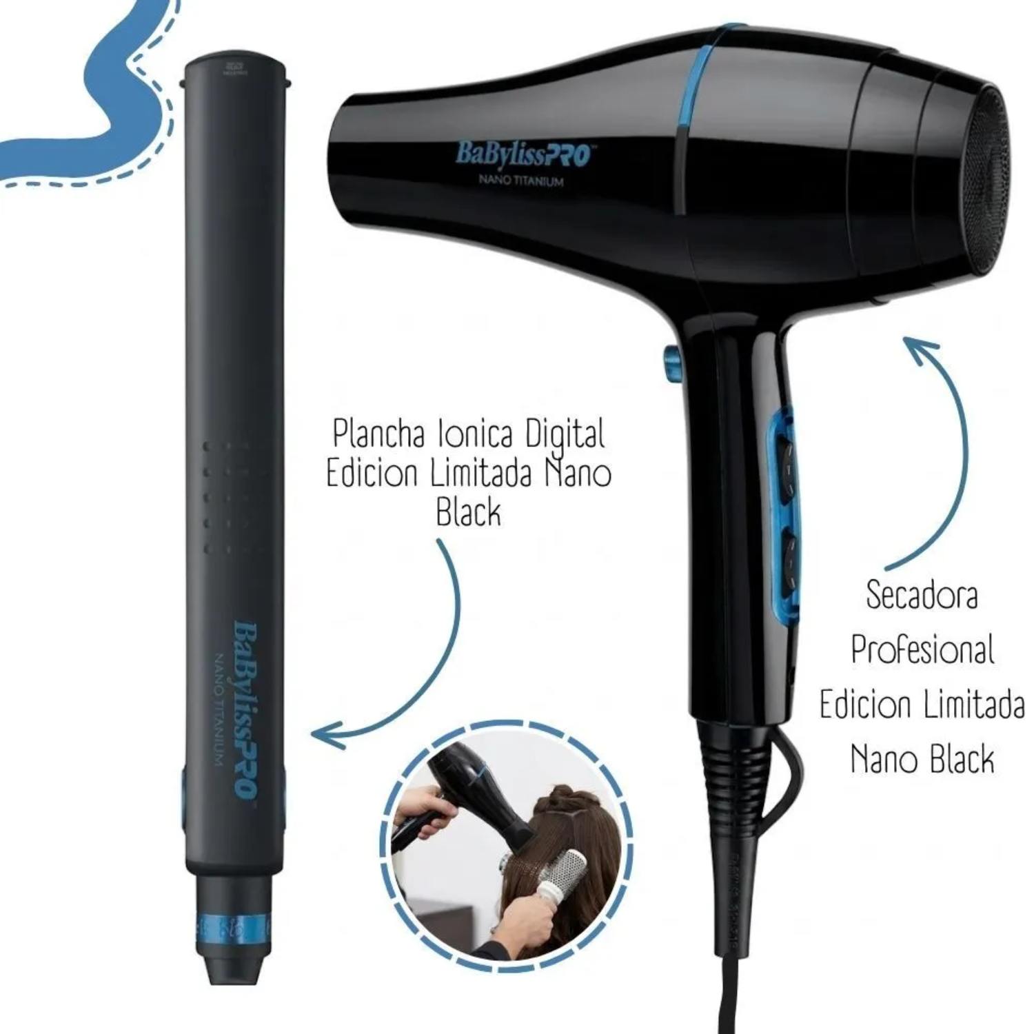 COMBO BABYLISSPRO EDICION ILIMITADA PLANCHA BLUE BLACK + SECADOR NANO BLUE BBLPP4PE - 4