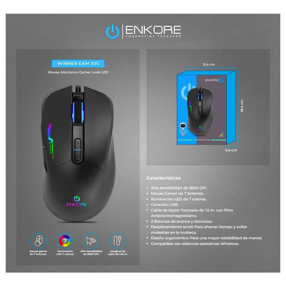 MOUSE GAMER CON LUCES LED RGB 7B 3600DPI ENKORE WINNER - 3