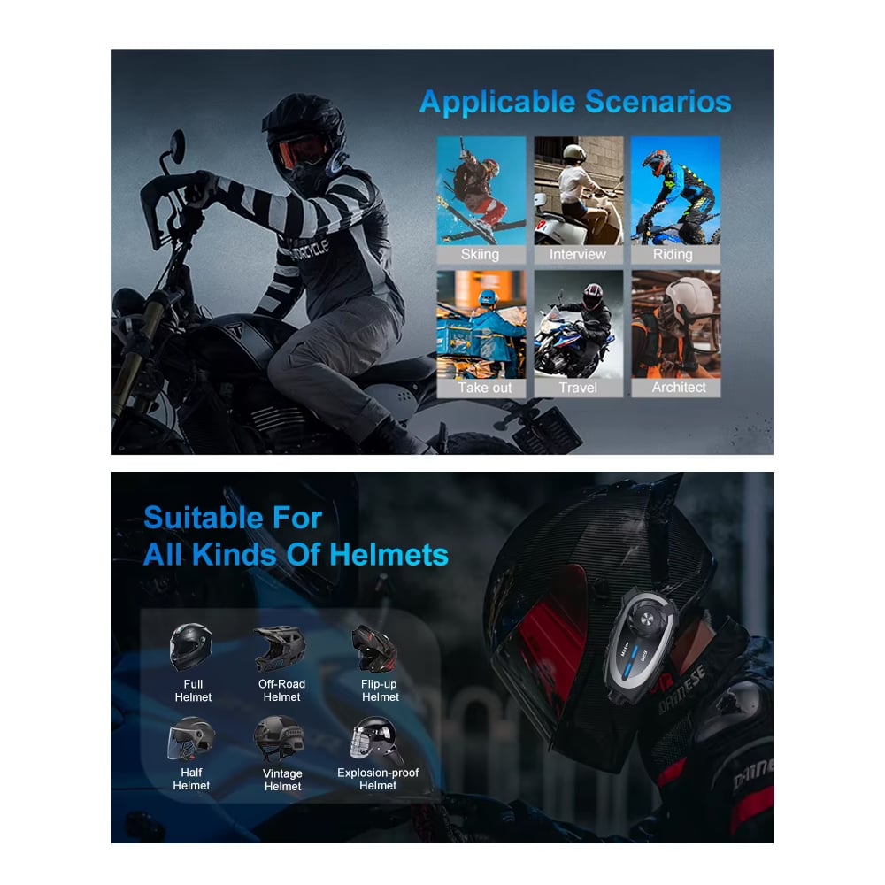 CÁMARA PARA CASCO MOTO BLUETOOTH 5.4 INTERCOMUNICADOR HD 1080P IPX6 - 5