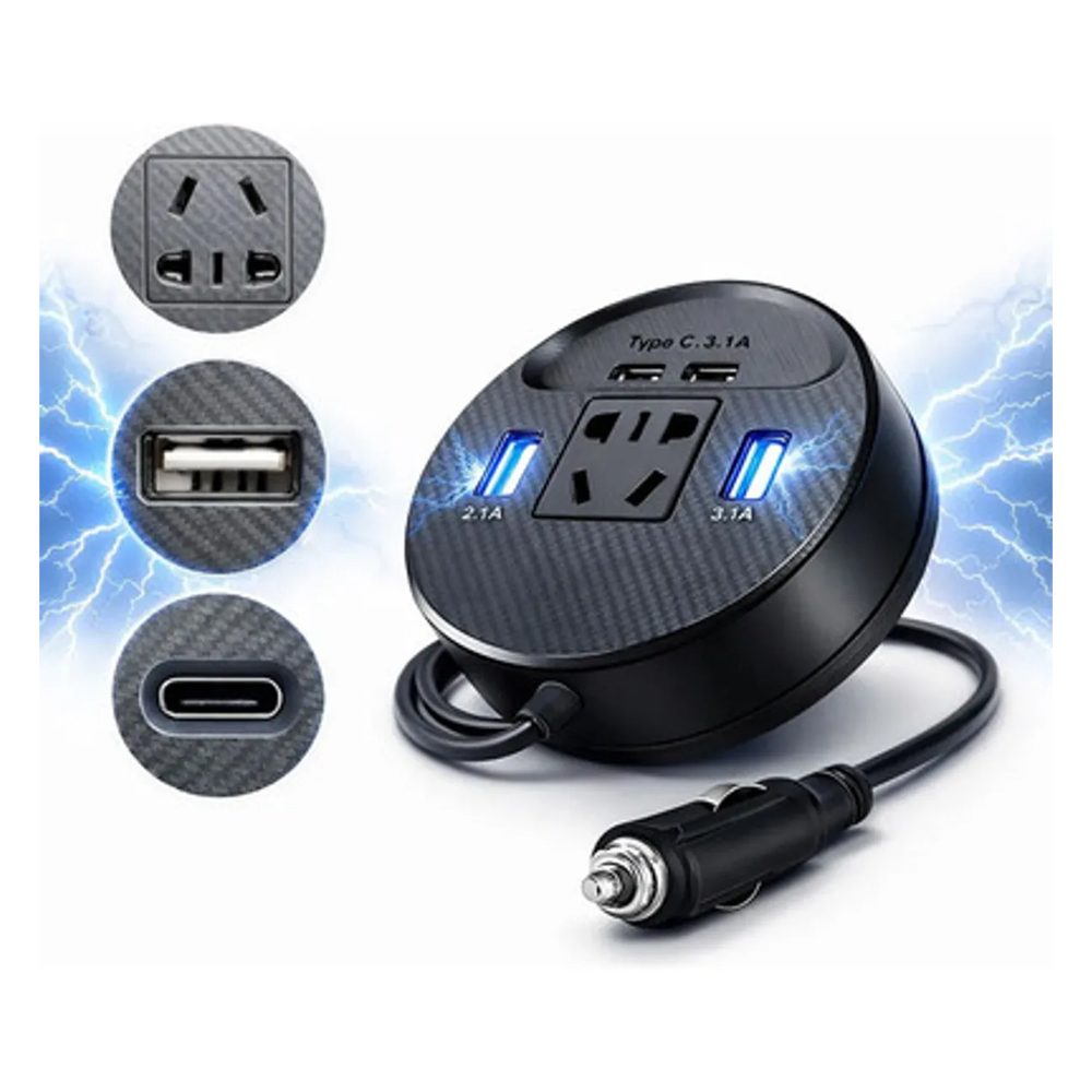 INVERSOR DE CORRIENTE PARA AUTO 150W 12V24V A 220V + USB Y USB-C CARGA RÁPIDA - 1