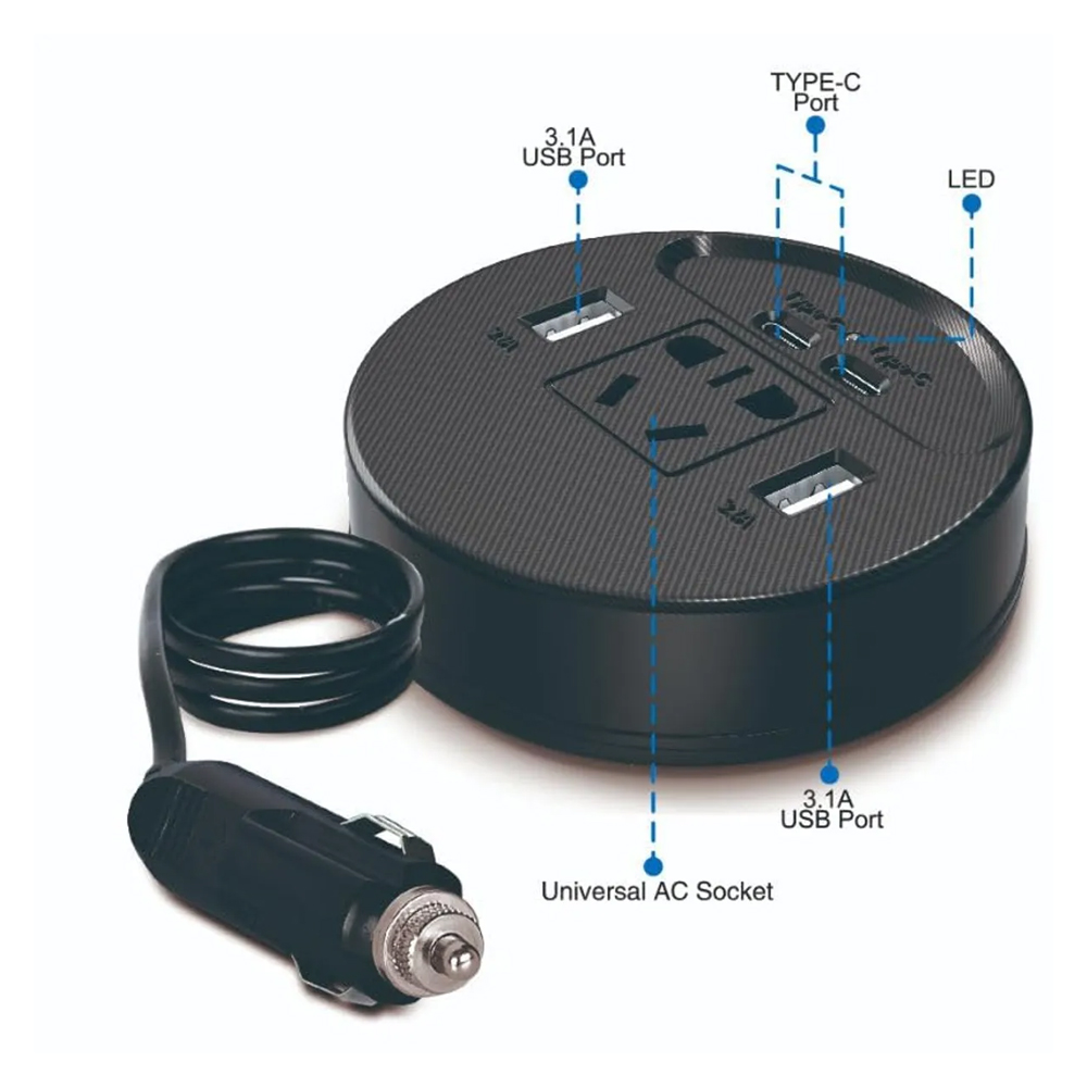 INVERSOR DE CORRIENTE PARA AUTO 150W 12V24V A 220V + USB Y USB-C CARGA RÁPIDA - 4