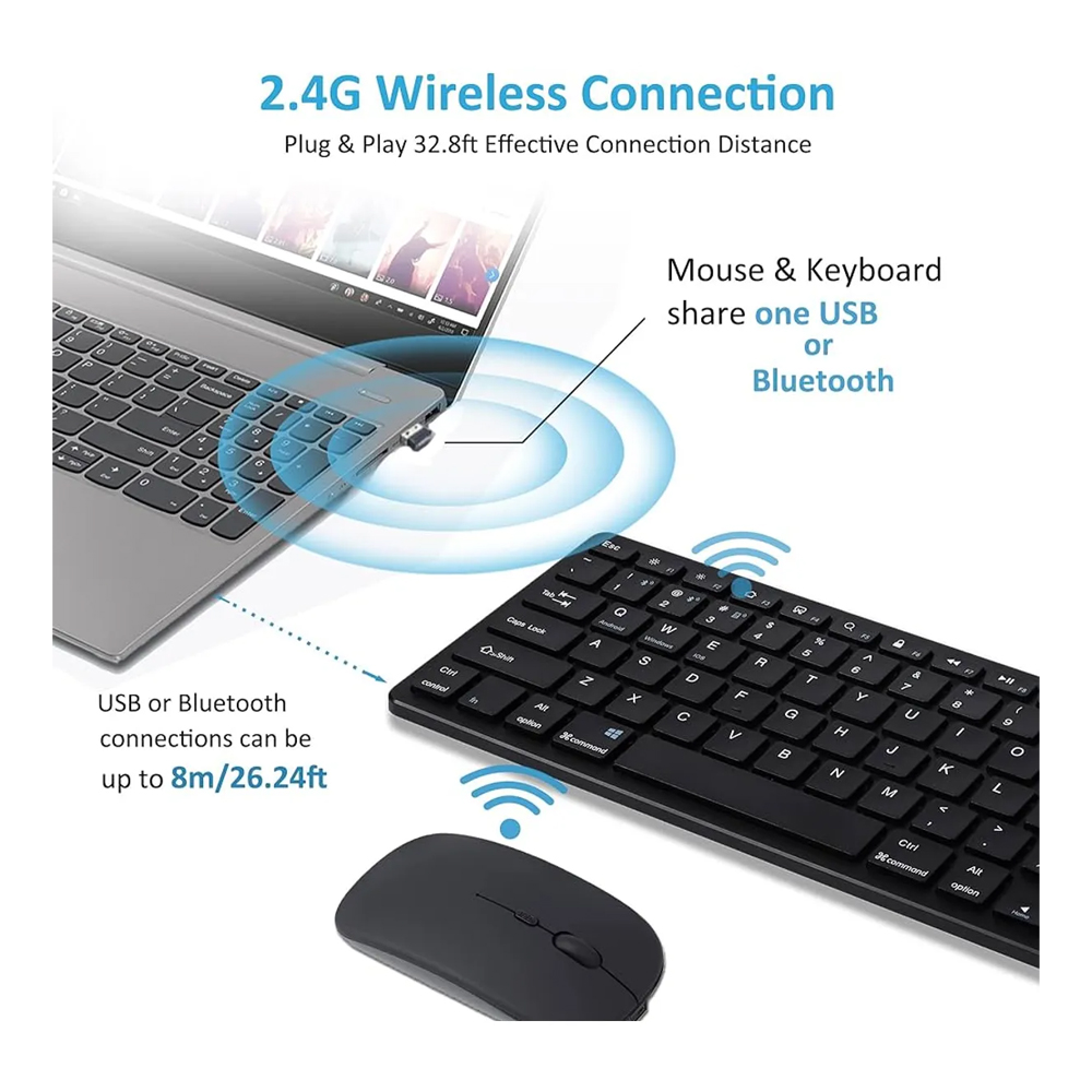 TECLADO Y MOUSE INALÁMBRICO USB PARA PC LAPTOP COMPUTADORA NEGRO CONEXIÓN 2.4GHZ - 5