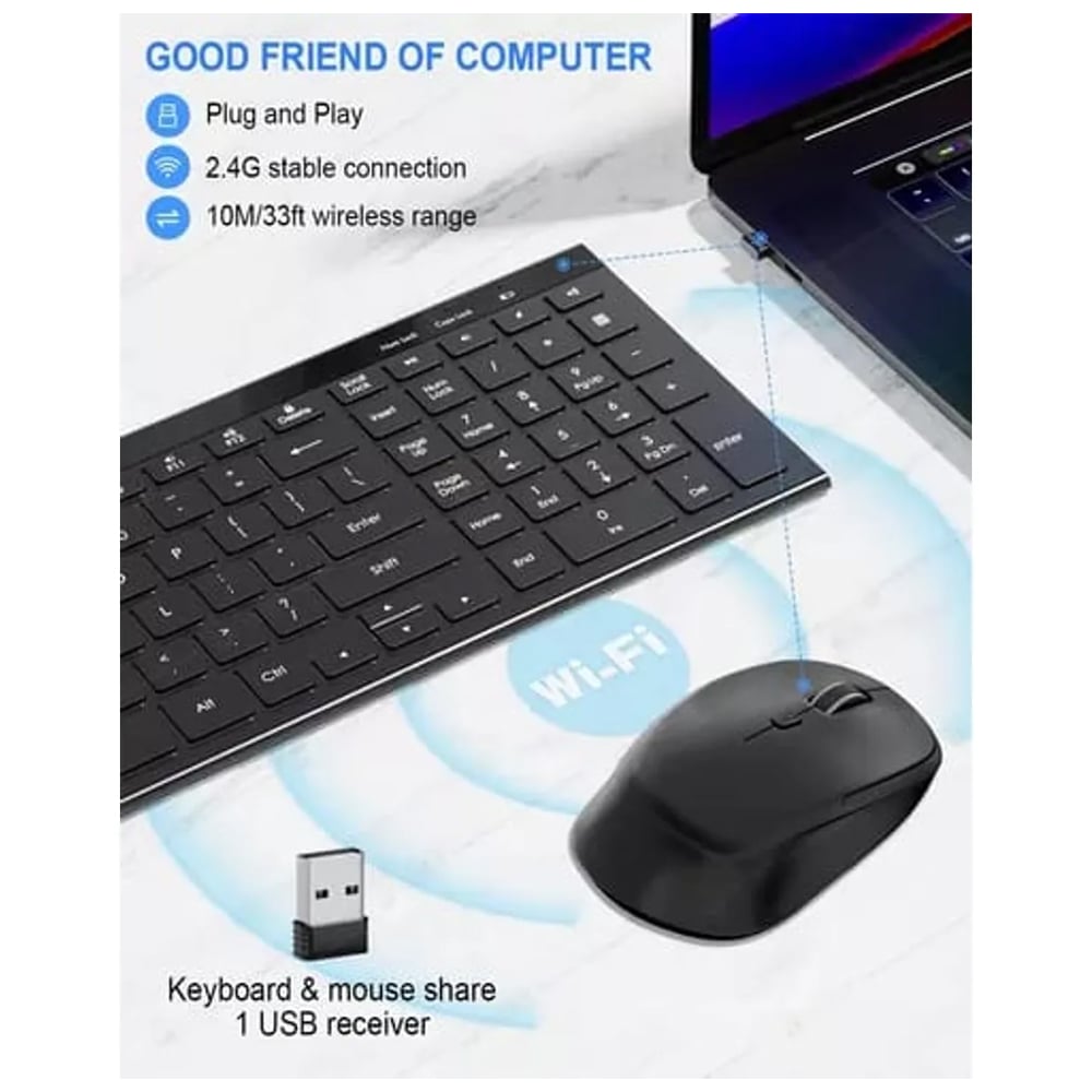 TECLADO Y MOUSE INALÁMBRICO USB PARA PC LAPTOP COMPUTADORA NEGRO CONEXIÓN 2.4GHZ - 7