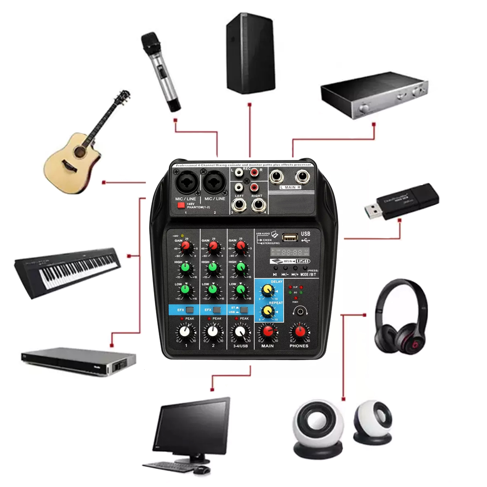 MEZCLADOR DE AUDIO CONSOLA DE SONIDO DE 4 CANALES CON BLUETOOTH Y ALIMENTACIÓN 48V - 2