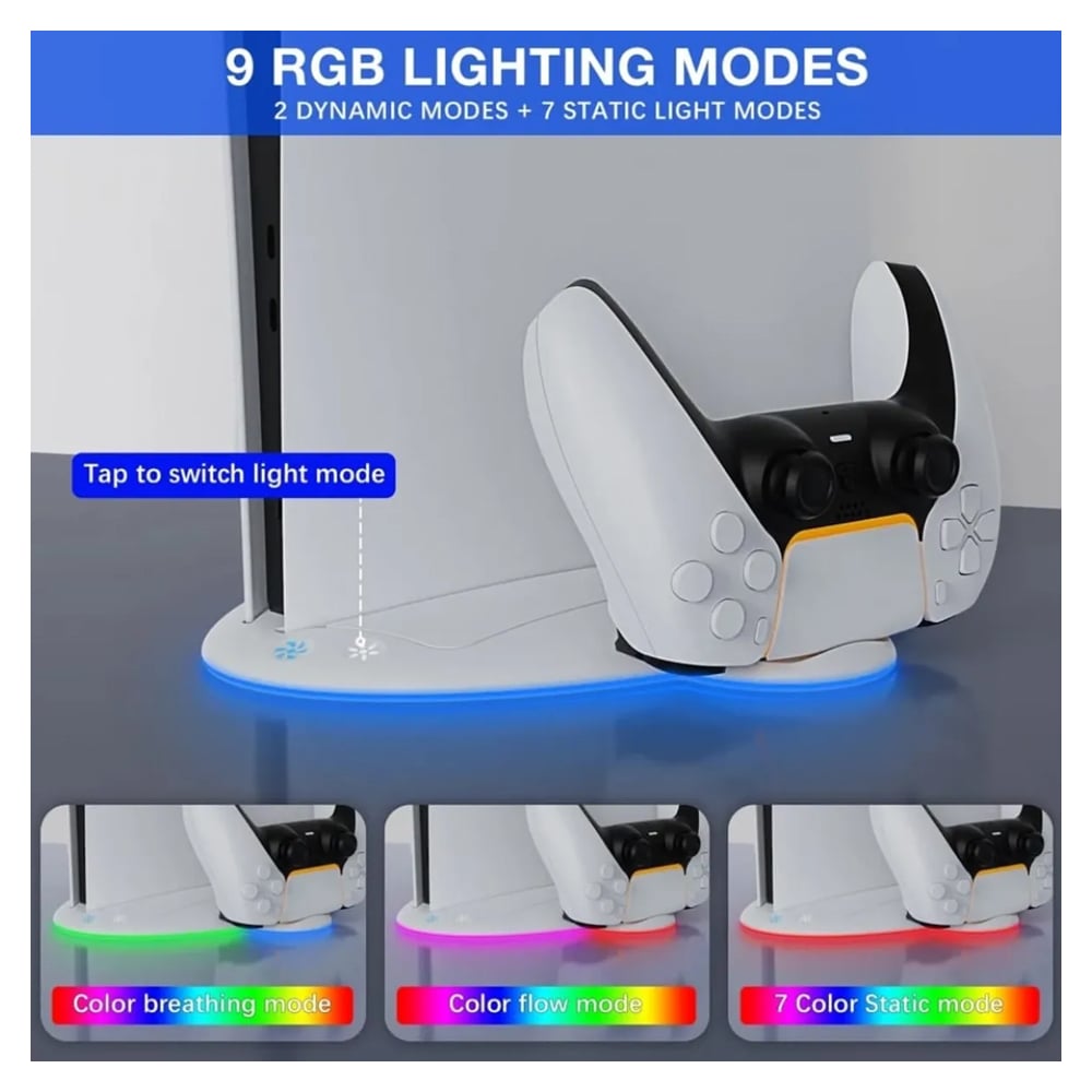 BASE DE CARGA DOBLE SOPORTE DE CONSOLA Y COOLER PARA PLAYSTATION 5 PS4 SLIM CON LUCES - 6