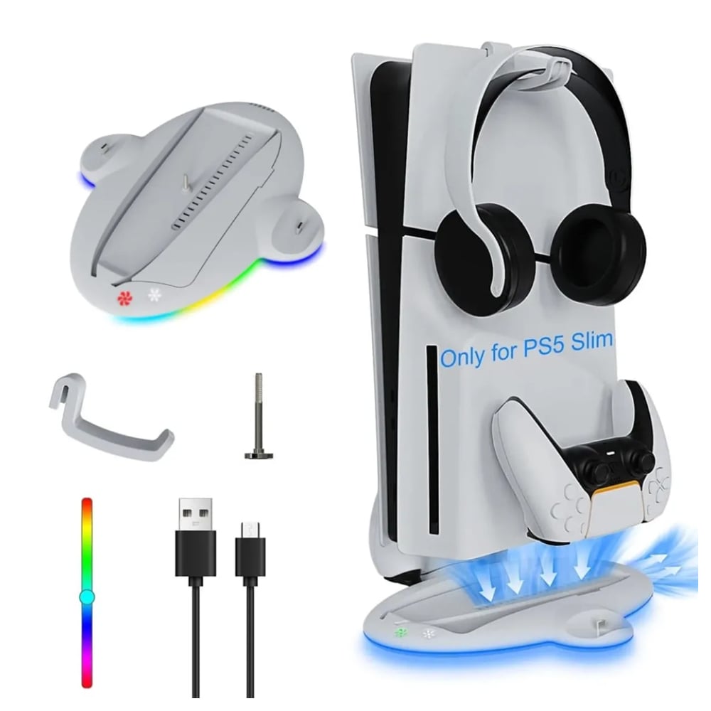 BASE DE CARGA DOBLE SOPORTE DE CONSOLA Y COOLER PARA PLAYSTATION 5 PS4 SLIM CON LUCES - 7