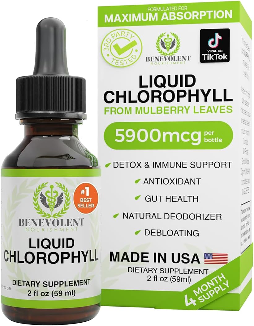 BENEVOLENT NOURISHMENT - SUPLEMENTO DE CLOROFILA, DESINTOXICACIÓN Y APOYO INMUNOLÓGICO, DESODORANTE INTERNO - GOTAS LÍQUIDAS, SAB - 1