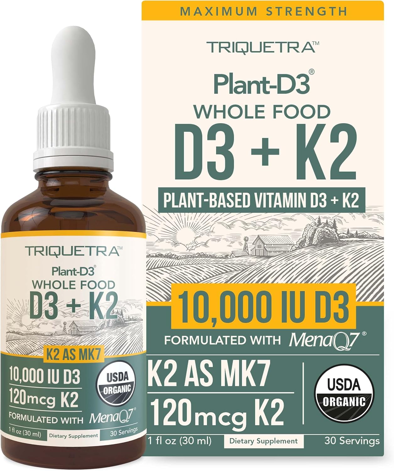 VITAMINA D3 K2 ORGÁNICA DE PLANTAS 10000 IU - MK7 ALL-TRANS DE MENAQ7 (120 MCG K2) - GOTAS SUBLINGUALES D3 10,000 IU (COLECALCIFE - 1