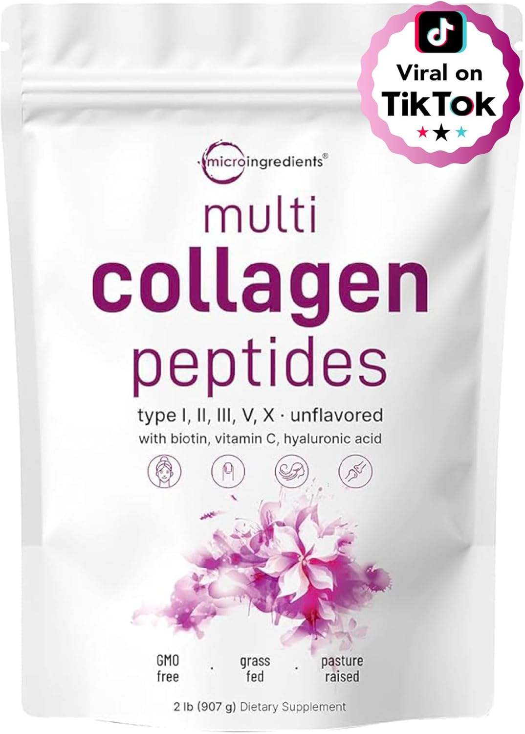 POLVO DE PROTEÍNA DE COLÁGENO MÚLTIPLE, 2 LIBRAS, TIPO I, II, III, V, X CON BIOTINA 10000 MCG, ÁCIDO HIALURÓNICO, VITAMINA C, PÉP - 1