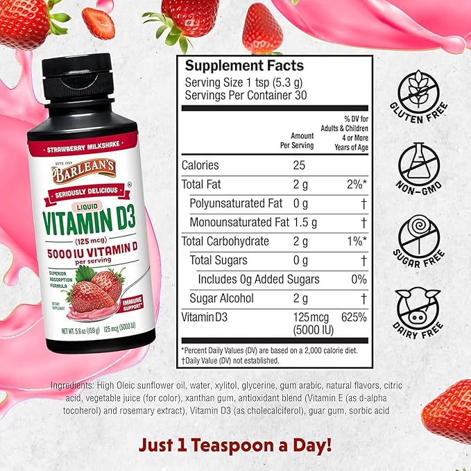 VITAMINA D3 LÍQUIDA 5000 UI (125 MCG) BARLEAN’S – ALTA ABSORCIÓN CON SABOR NATURAL - 1