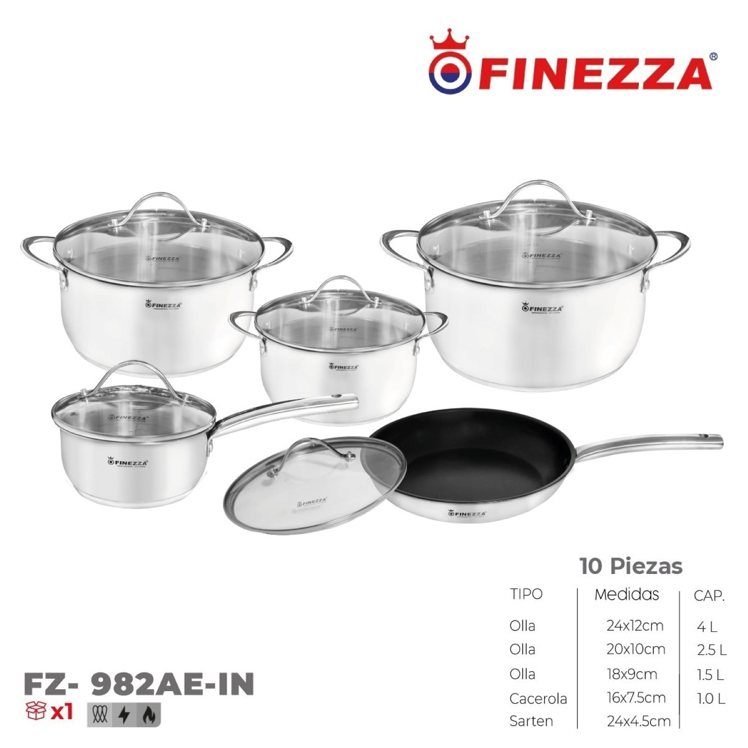 JUEGO DE OLLAS FINEZZA 10 PIEZAS FZ-982AE DE ACERO - 1