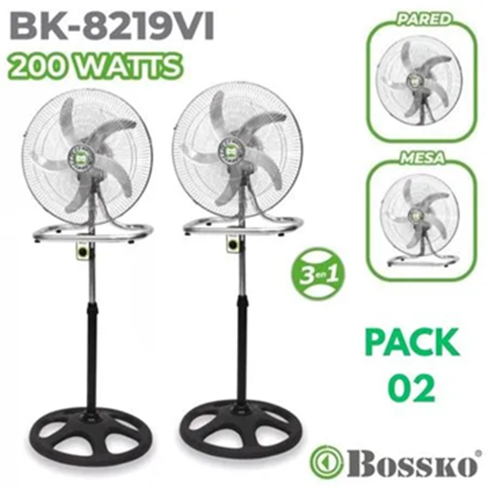 PACK 02 UNIDADES VENTILADOR BOSSKO BK 8219 PLATEADO 200 WATTS, 3 EN 1 PEDESTAL, MESA Y PARED - 1