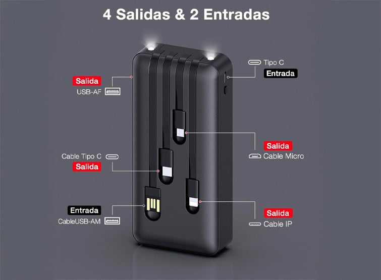 POWER BANK 20000MAH CARGA RAPIDA DE 10W CON 4 CABLES USB TIPO C 1HORA - 3