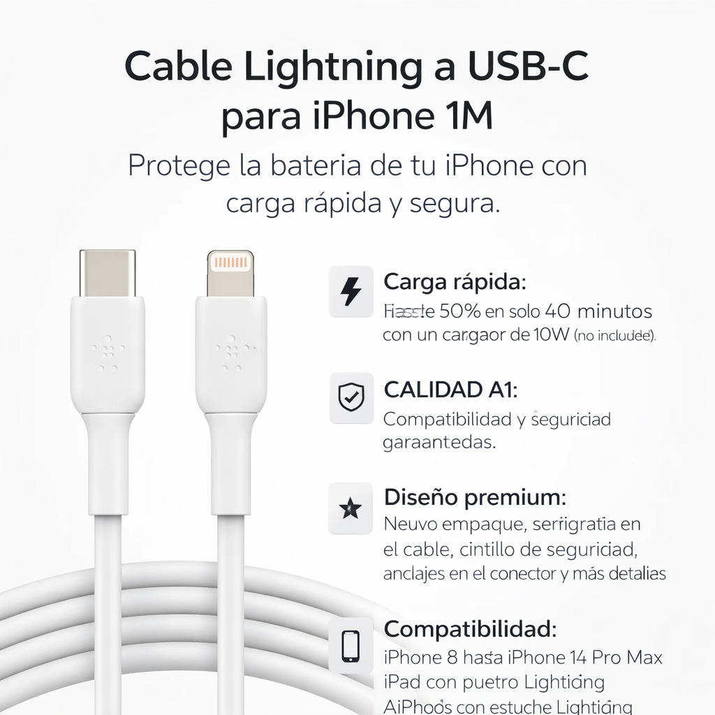 CABLE CARGADOR USB-C A LIGHTNING 1M COMPATIBLE IPHONE IPAD 20W COMPATIBLE CON IPHONE - 3