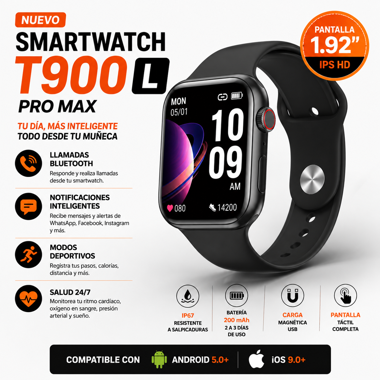 Smartwatch T900 Pro Max GL Negro Bluetooth Llamadas Pantalla 1.92" Android iPhone - 1
