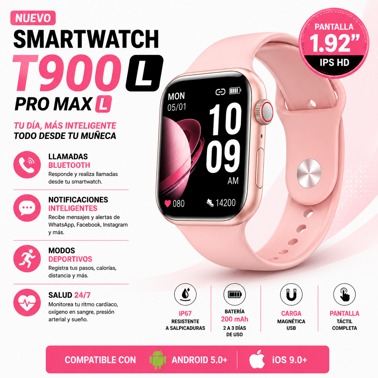 Smartwatch T900 Pro Max GL Rosado Bluetooth Llamadas Pantalla 1.92 Android iPhone - 1
