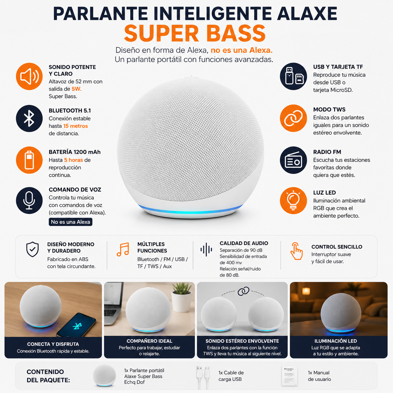 PARLANTE INTELIGENTE ALAXE BLUETOOTH CON COMANDO DE VOZ BLANCO - 2
