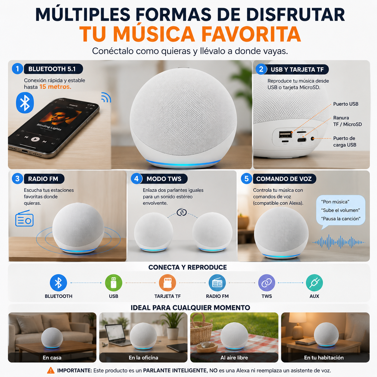PARLANTE INTELIGENTE ALAXE BLUETOOTH CON COMANDO DE VOZ BLANCO - 3