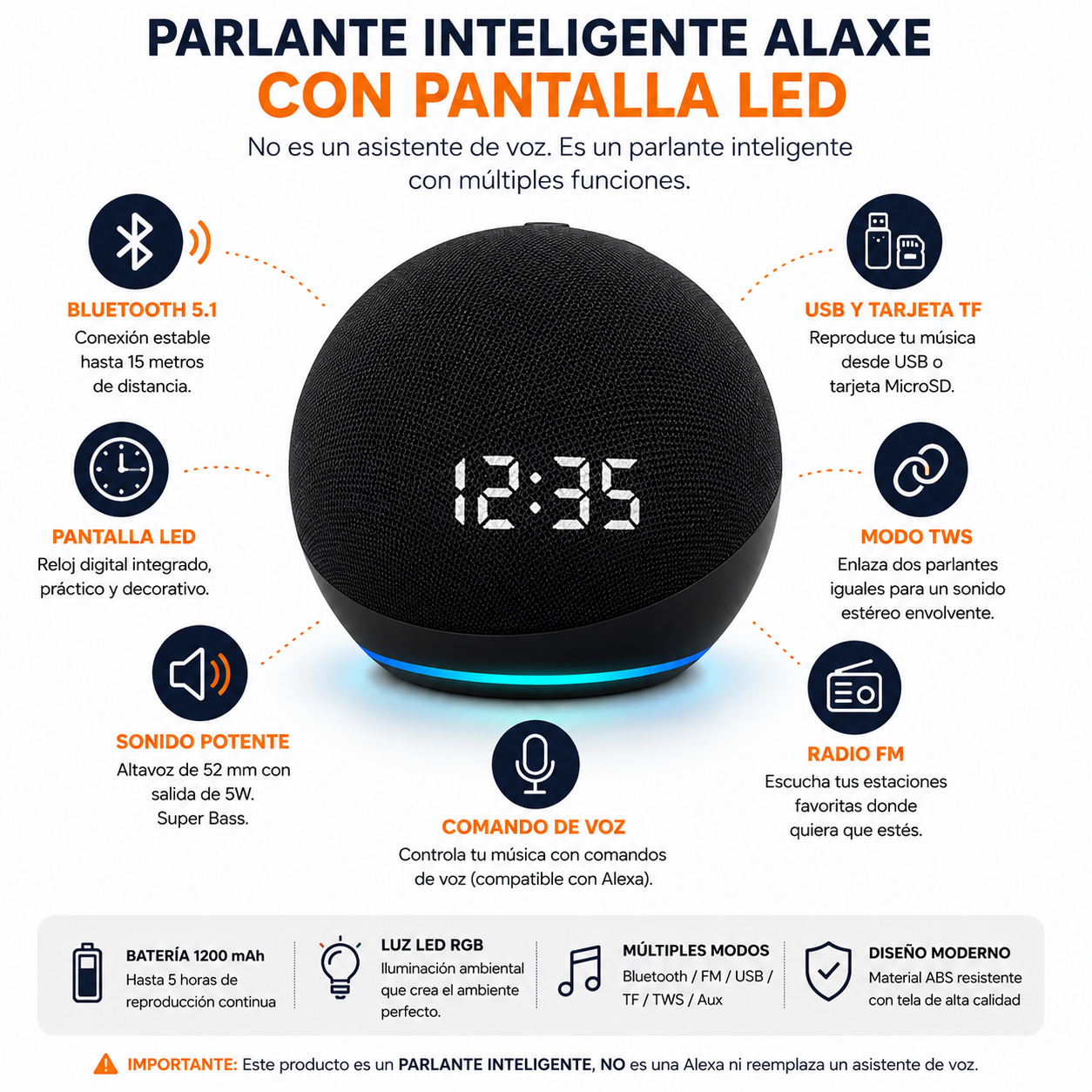 PARLANTE INTELIGENTE ALAXE BLUETOOTH CON COMANDO DE VOZ NEGRO PANTALLA - 2