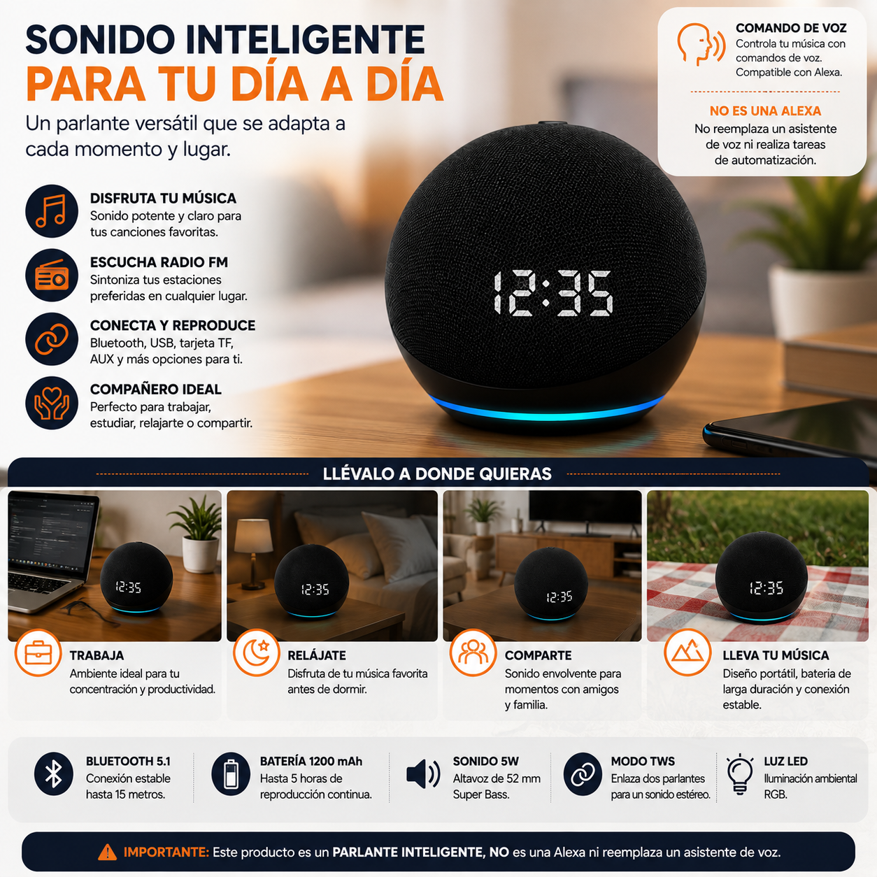 PARLANTE INTELIGENTE ALAXE BLUETOOTH CON COMANDO DE VOZ NEGRO PANTALLA - 3