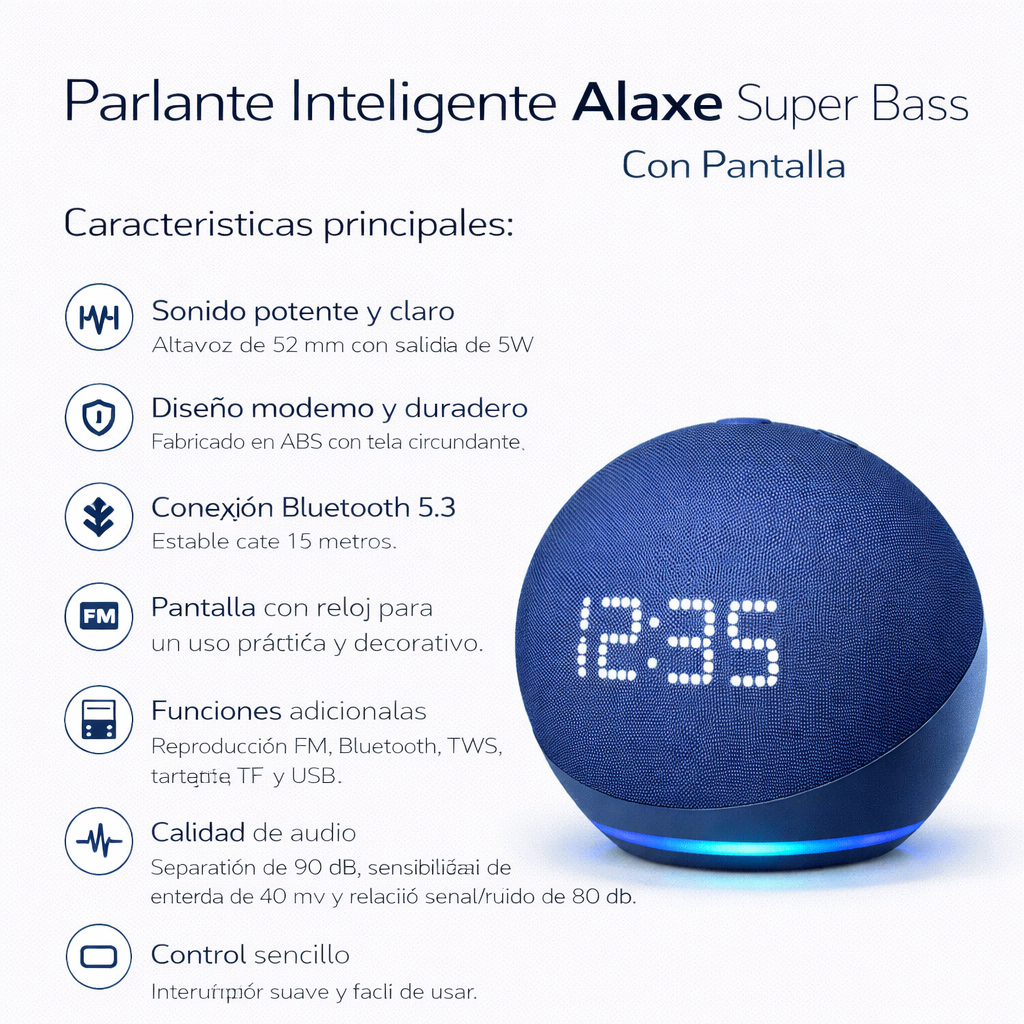 PARLANTE INTELIGENTE ALAXE BLUETOOTH CON COMANDO DE VOZ AZUL PANTALLA - 3