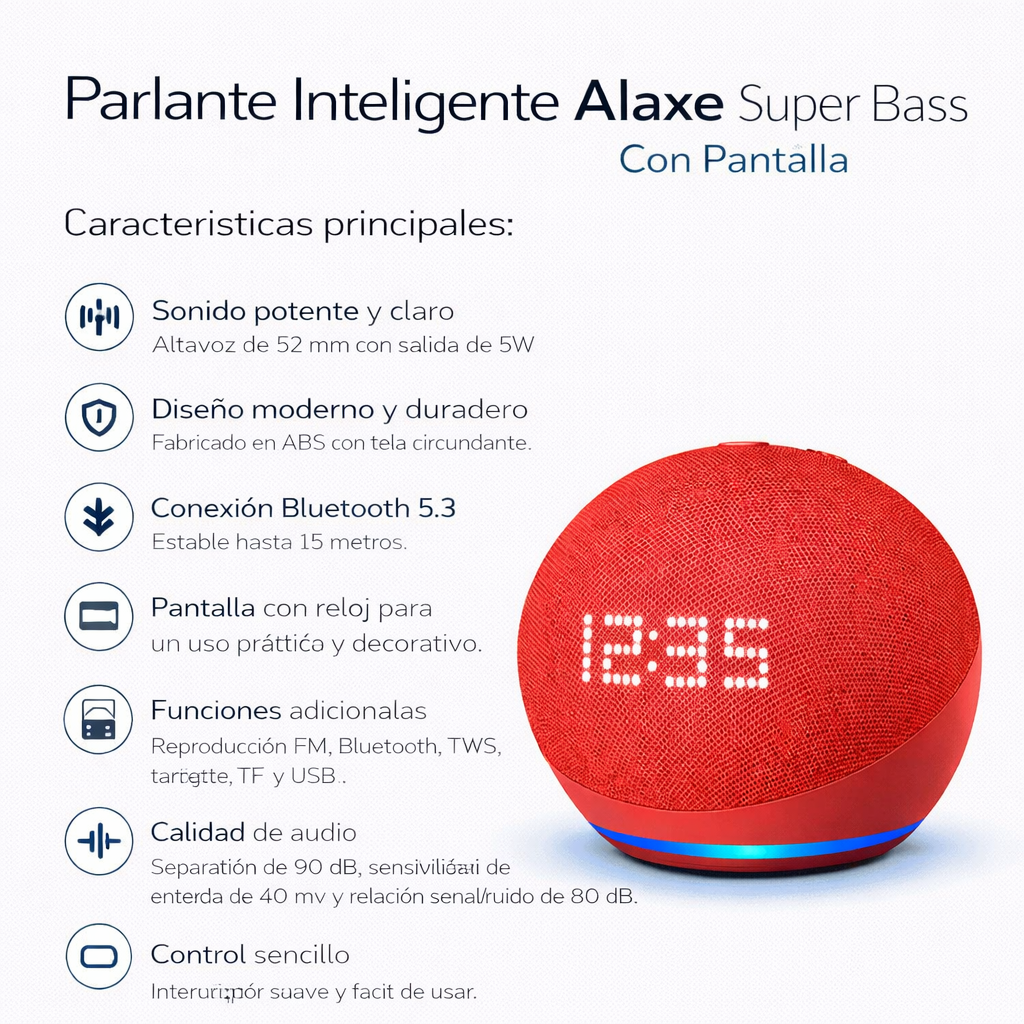 PARLANTE INTELIGENTE ALAXE BLUETOOTH CON COMANDO DE VOZ ROJO PANTALLA - 3