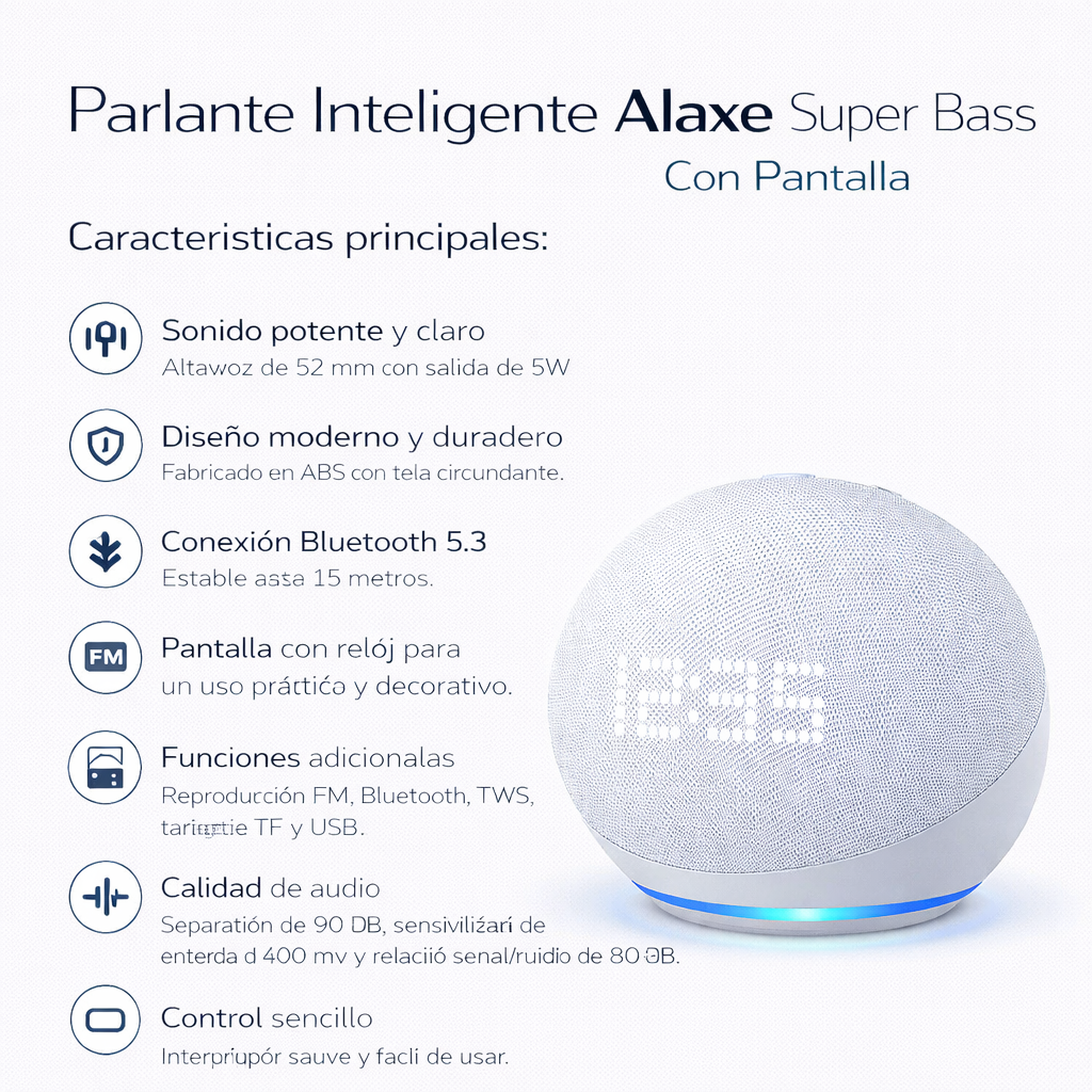 PARLANTE INTELIGENTE ALAXE BLUETOOTH CON COMANDO DE VOZ BLANCO PANTALLA - 3