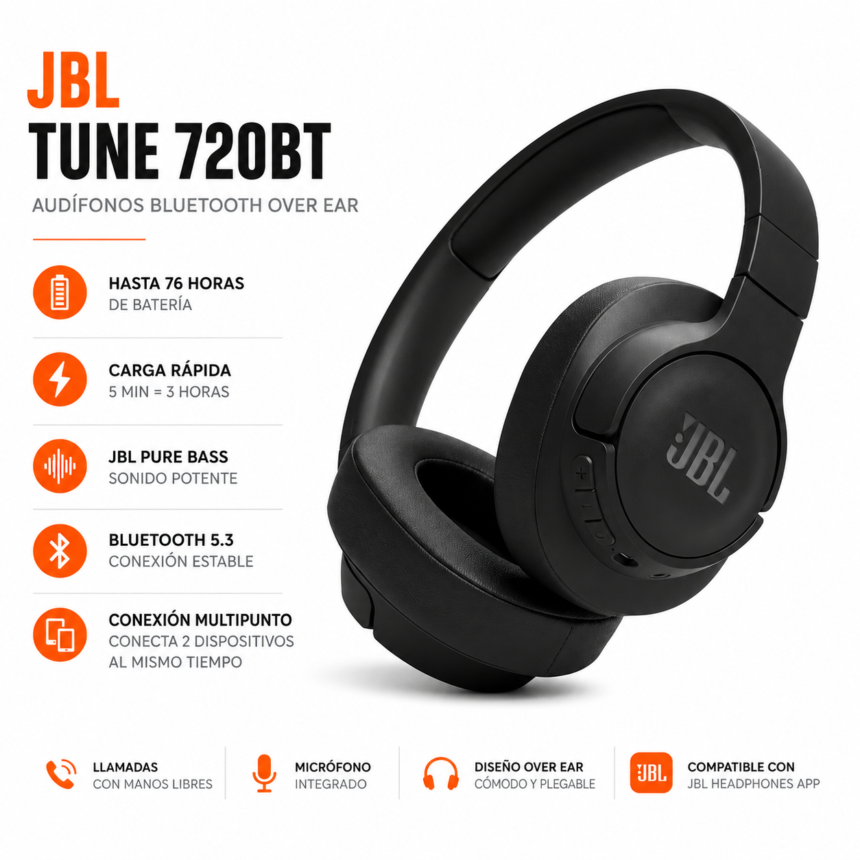 AUDÍFONOS JBL TUNE 720BT BLUETOOTH OVER EAR NEGRO - 2