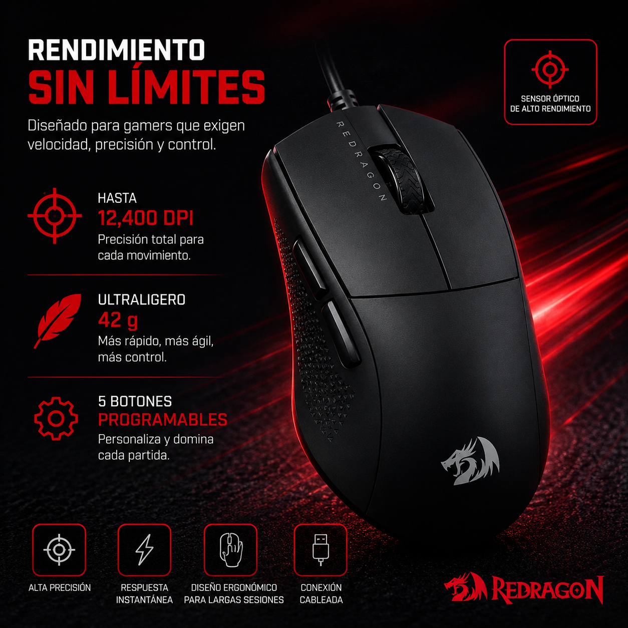 MOUSE GAMER REDRAGON KING 1K M724 12400 DPI NEGRO - 2