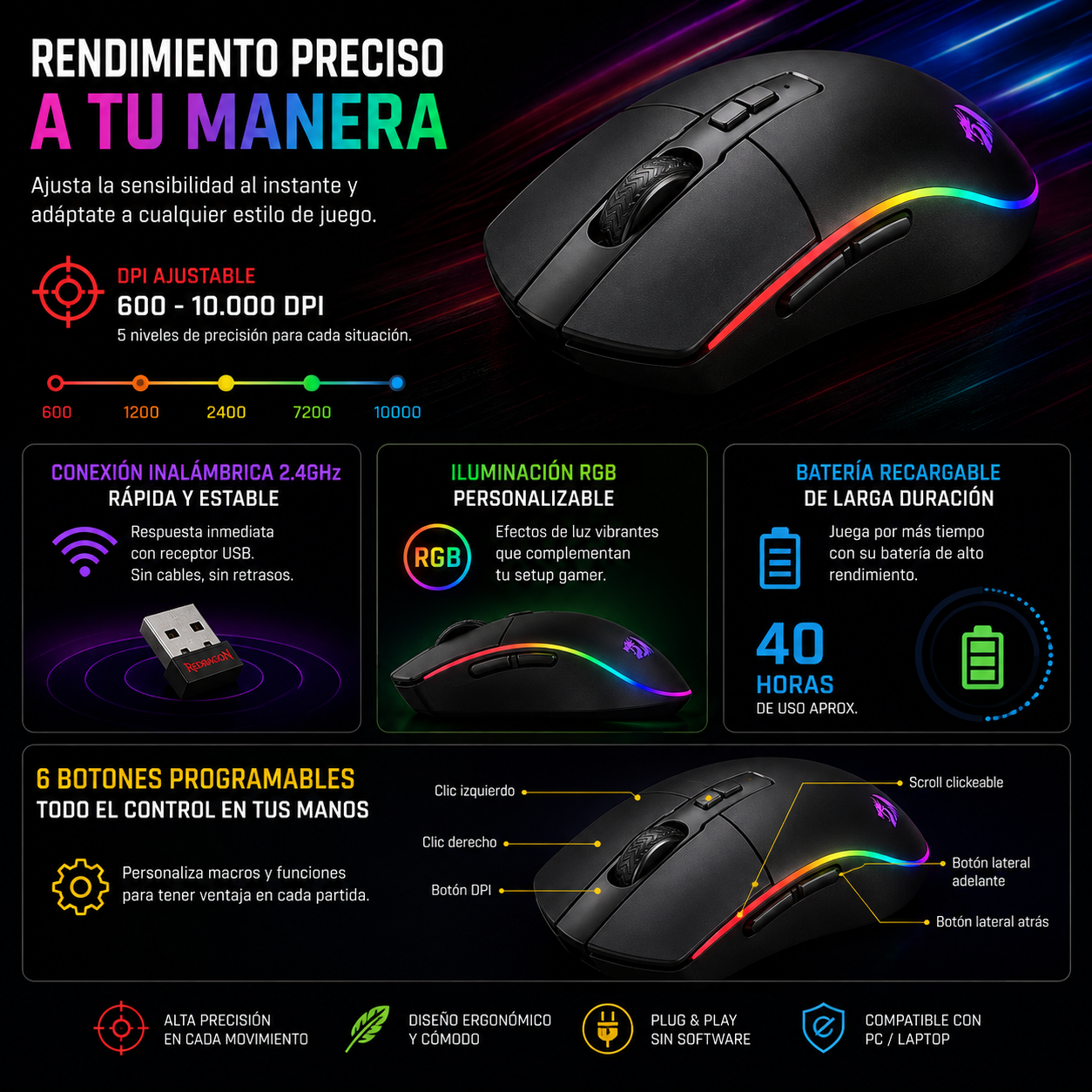 MOUSE GAMER INALÁMBRICO REDRAGON INVADER PRO M719 RGB NEGRO - 3