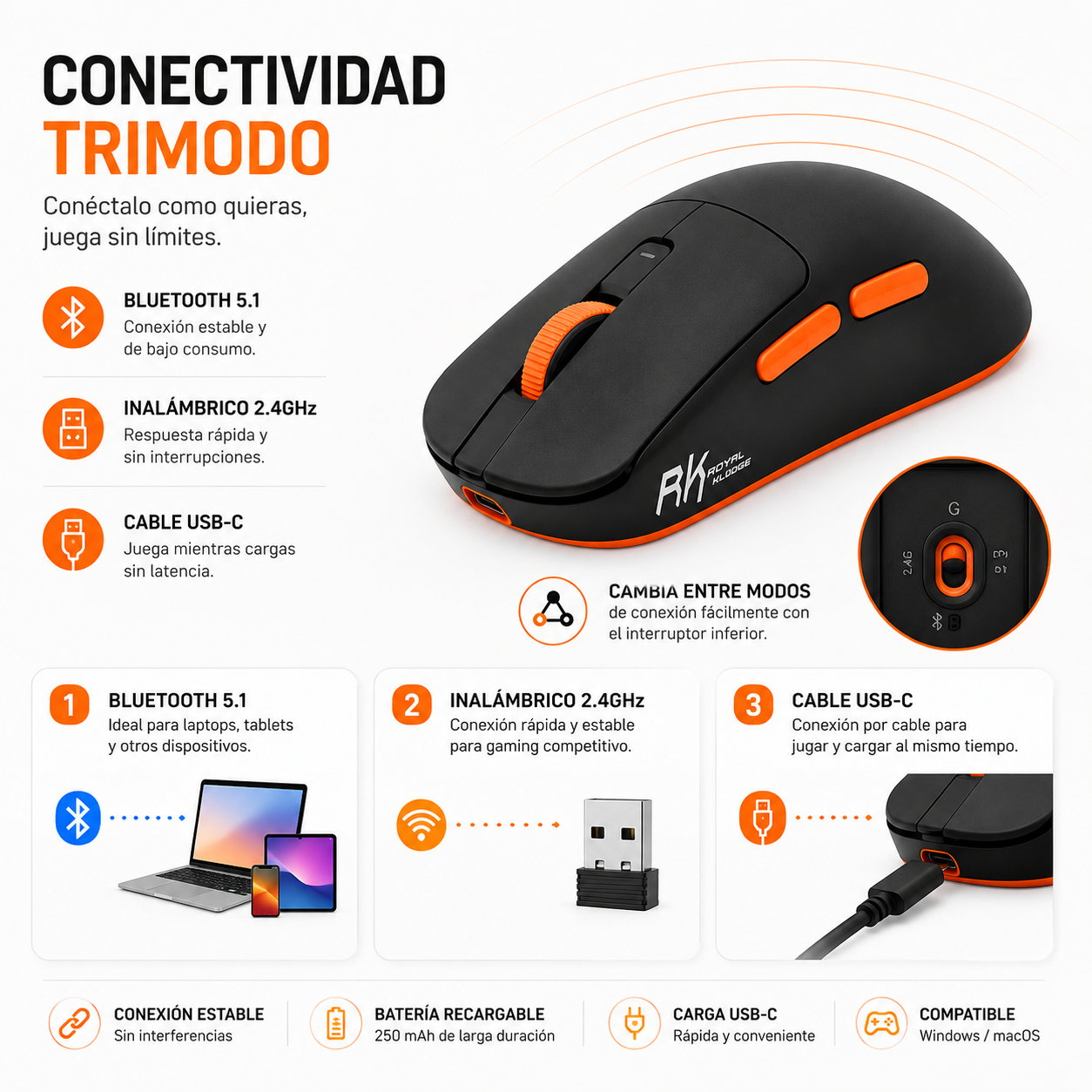 MOUSE GAMER ROYAL KLUDGE RK M30 INALÁMBRICO 12000 DPI NEGRO NARANJA - 2