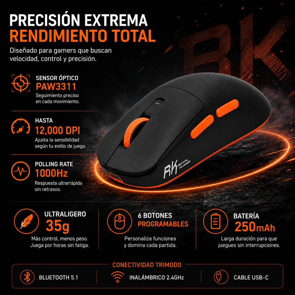 MOUSE GAMER ROYAL KLUDGE RK M30 INALÁMBRICO 12000 DPI NEGRO NARANJA - 3