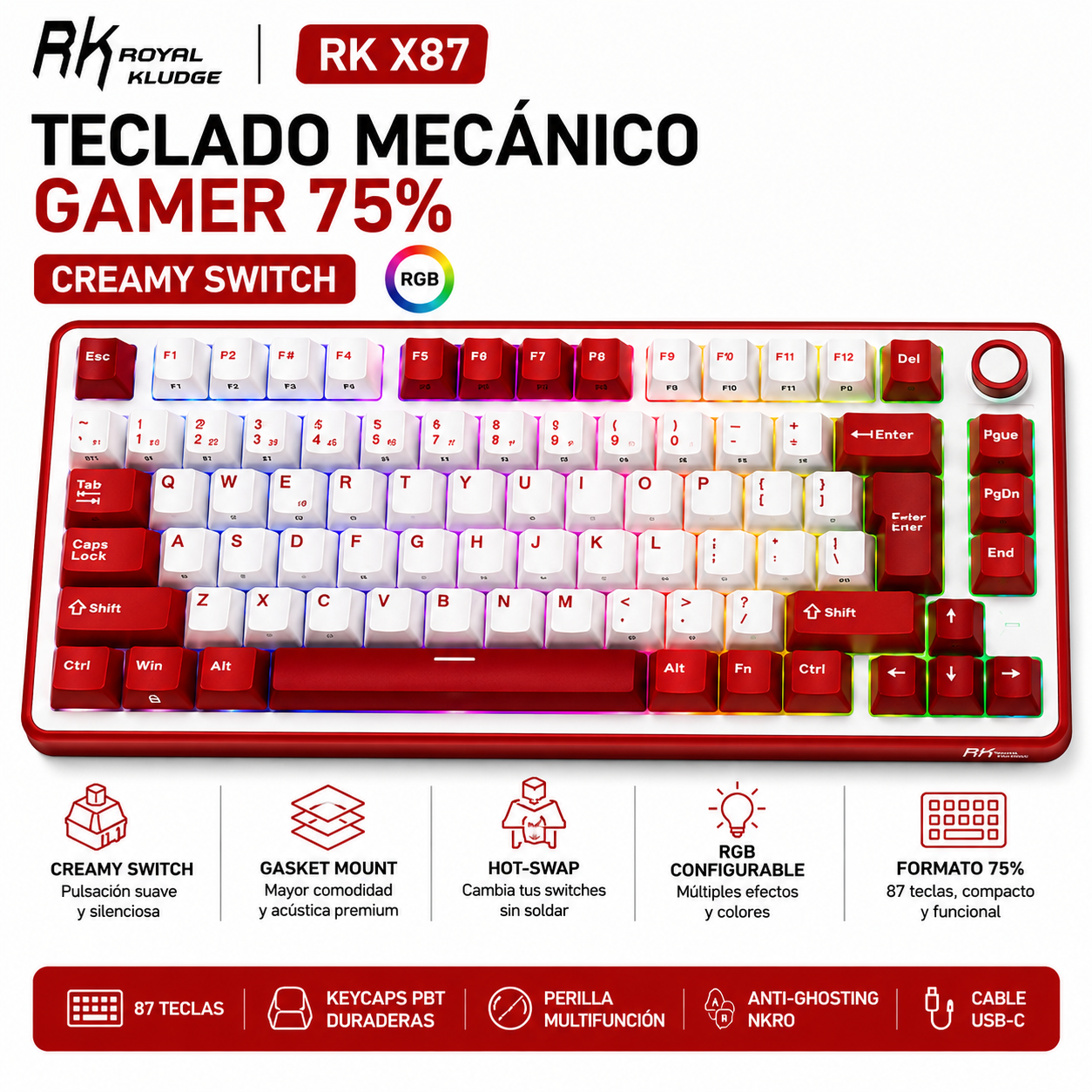 TECLADO MECÁNICO ROYAL KLUDGE RK X87 RGB CREAMY SWITCH ROJO - 1