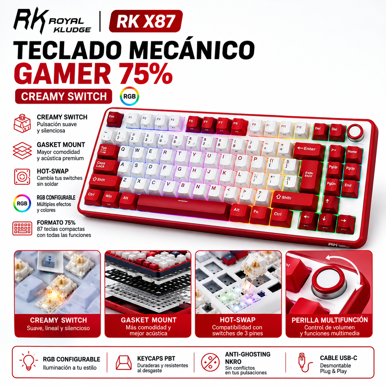 TECLADO MECÁNICO ROYAL KLUDGE RK X87 RGB CREAMY SWITCH ROJO - 2