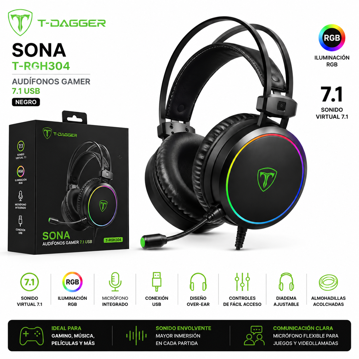 AUDÍFONOS GAMER T-DAGGER SONA T-RGH304 RGB 7.1 USB NEGRO - 1