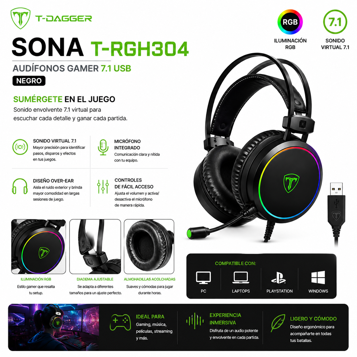 AUDÍFONOS GAMER T-DAGGER SONA T-RGH304 RGB 7.1 USB NEGRO - 2