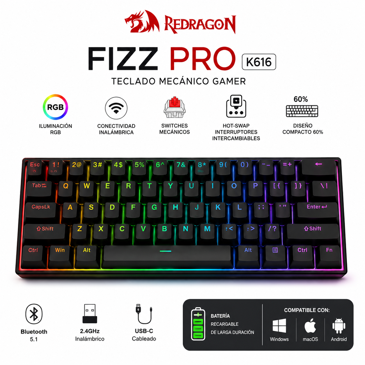 TECLADO MECÁNICO GAMER REDRAGON FIZZ PRO K616 RGB INALÁMBRICO NEGRO - 1