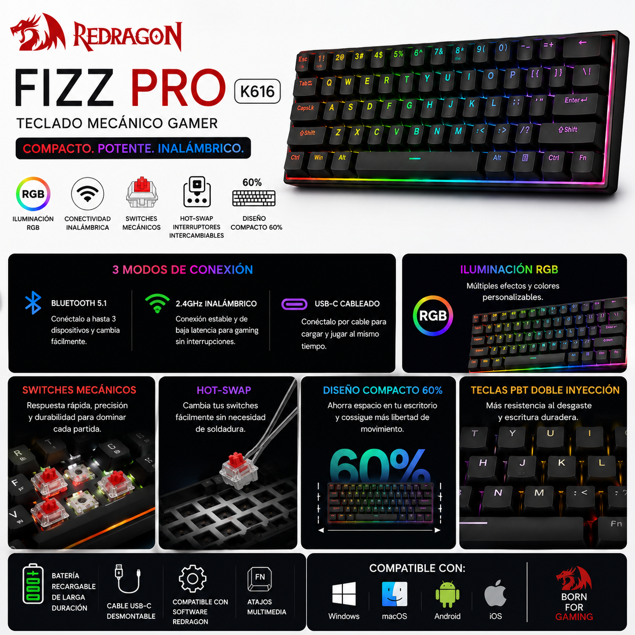 TECLADO MECÁNICO GAMER REDRAGON FIZZ PRO K616 RGB INALÁMBRICO NEGRO - 2