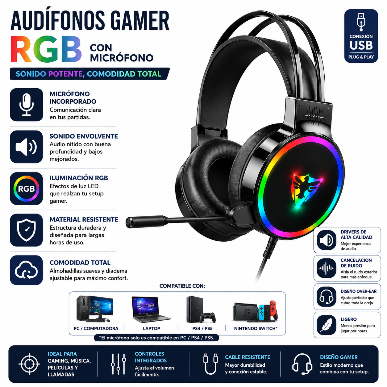 AUDÍFONOS GAMER RGB CON MICRÓFONO USB PARA PC LAPTOP NEGRO - 2