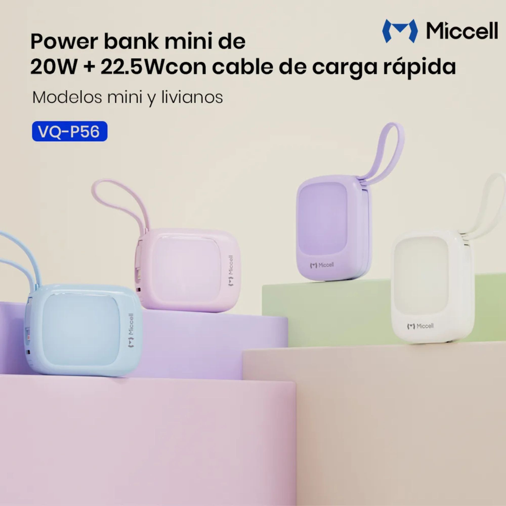 MICCELL 10000MAH POWER BANK PD225W CON CABLE INTEGRADO Y CARGA RÁPIDA TYPE-C PINK - 3