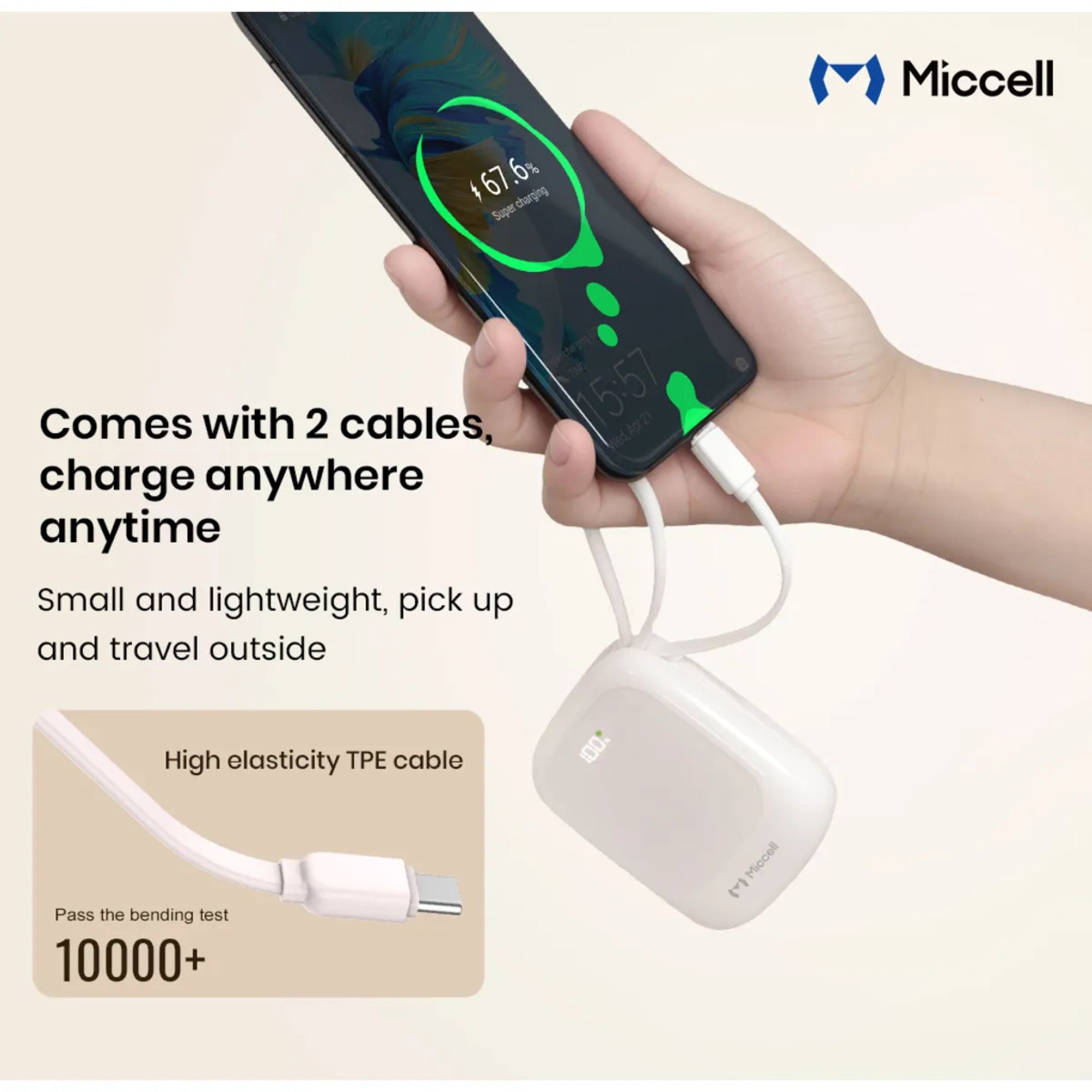 MICCELL 10000MAH POWER BANK PD225W CON CABLE INTEGRADO Y CARGA RÁPIDA TYPE-C PINK - 4