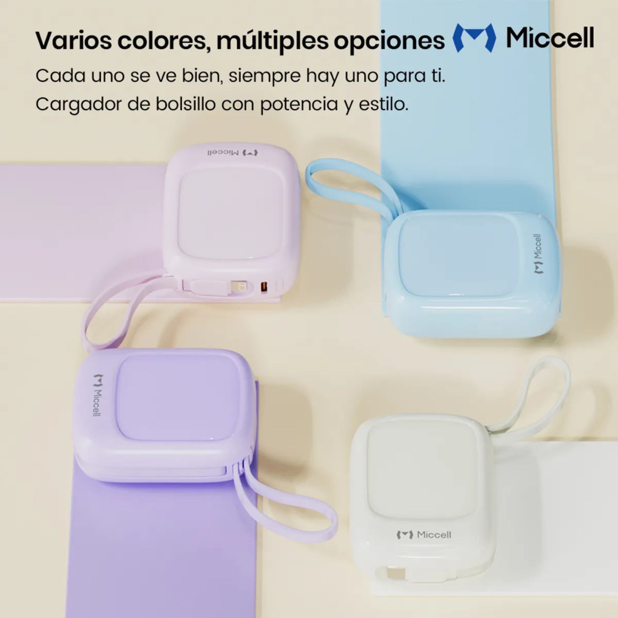 MICCELL 10000MAH POWER BANK PD225W CON CABLE INTEGRADO Y CARGA RÁPIDA TYPE-C BEIGE - 4