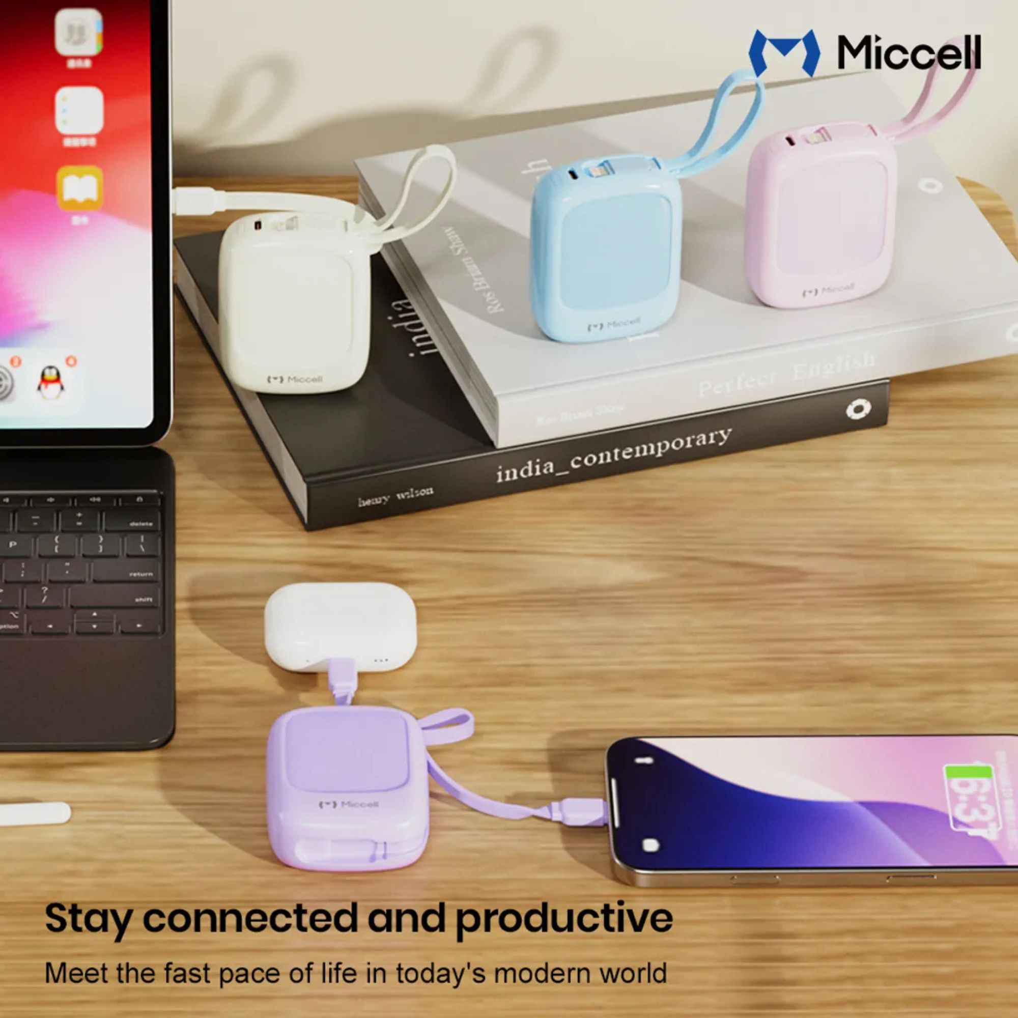 MICCELL 10000MAH POWER BANK PD225W CON CABLE INTEGRADO Y CARGA RÁPIDA TYPE-C BEIGE - 5